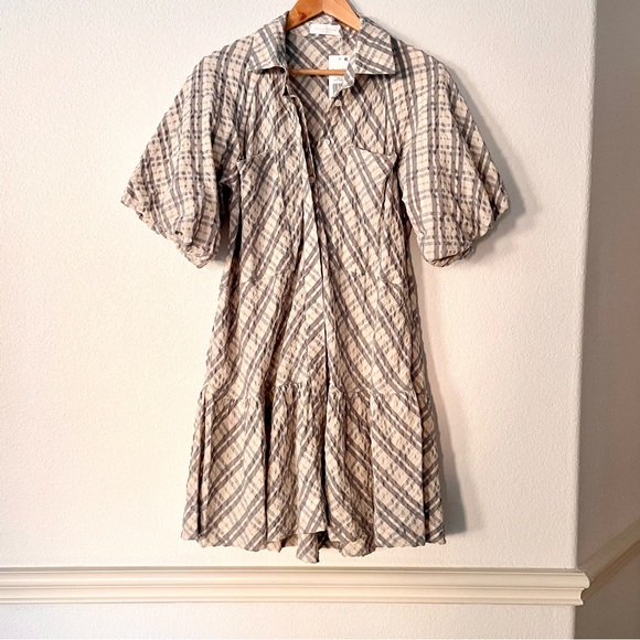 Jonathan Simkhai Crissy Raglan Puff Sleeve Dress Plaid Check Academia Minimalist - Picture 4 of 13